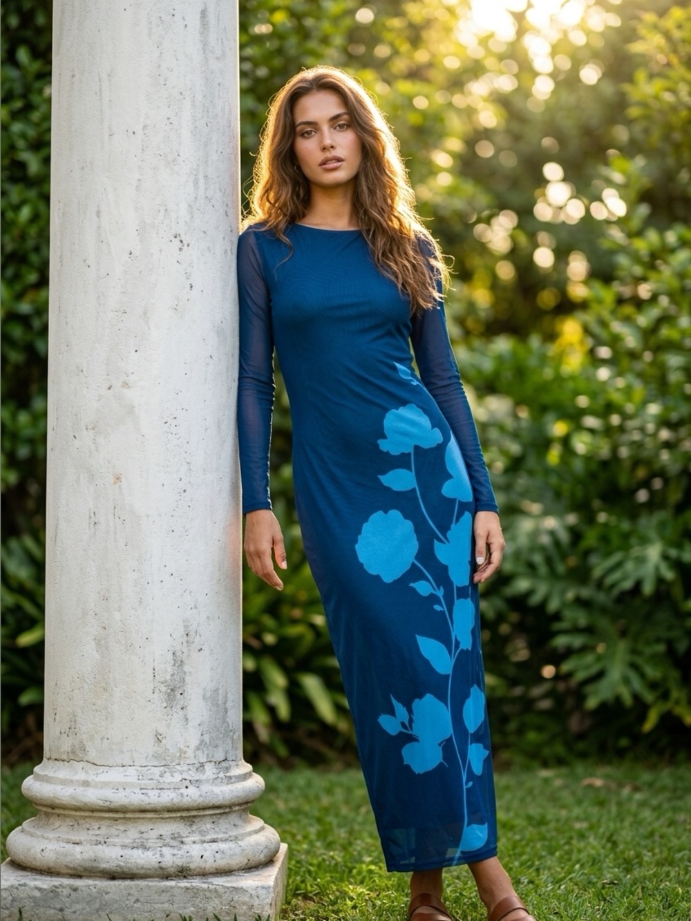 NWT PrettyGarden Blue Floral Mesh Long Sleeve Bodycon Maxi Dress Women’s Large